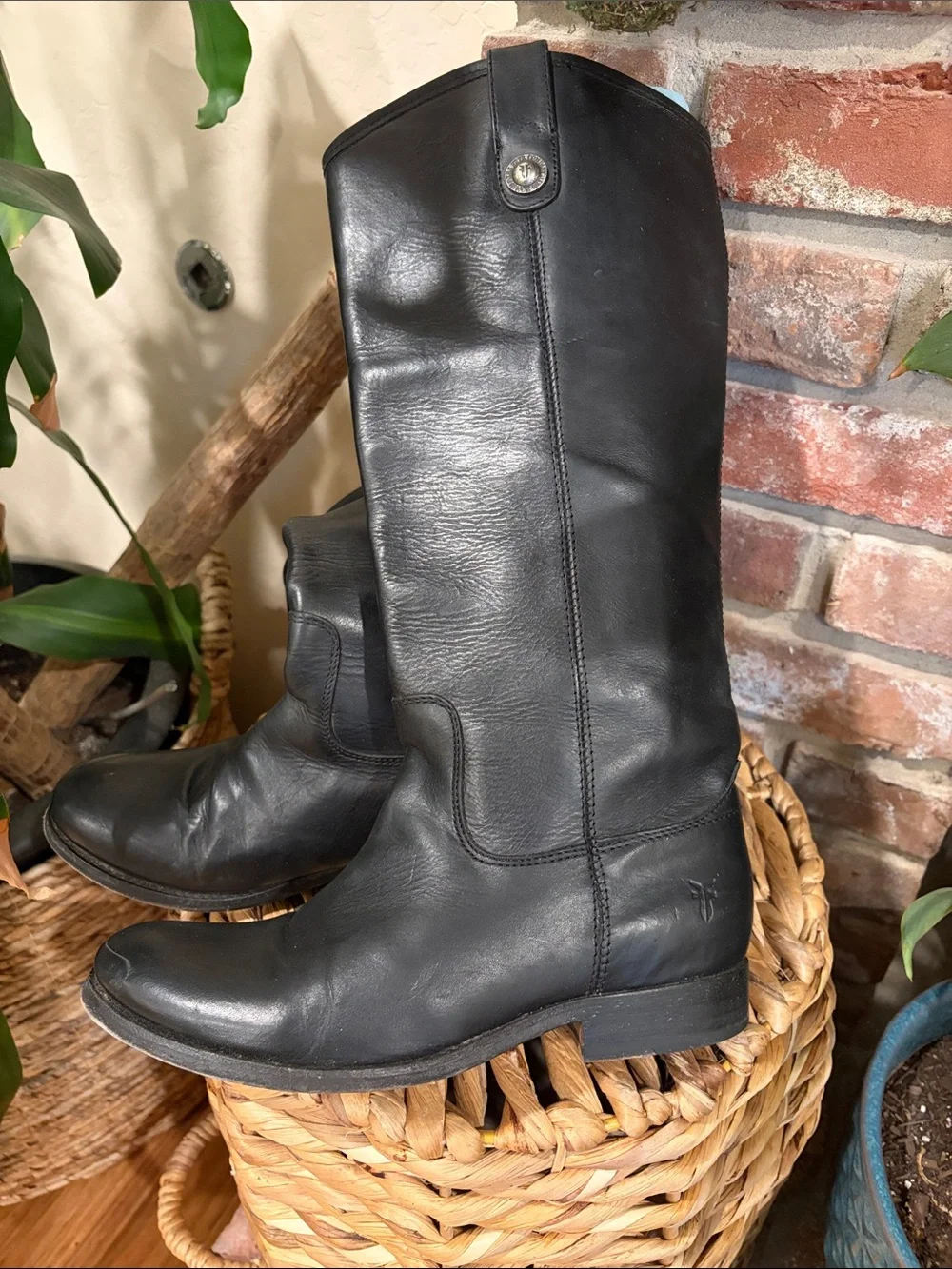 Frye Black Leather Knee-High Riding Boots with Button Accent